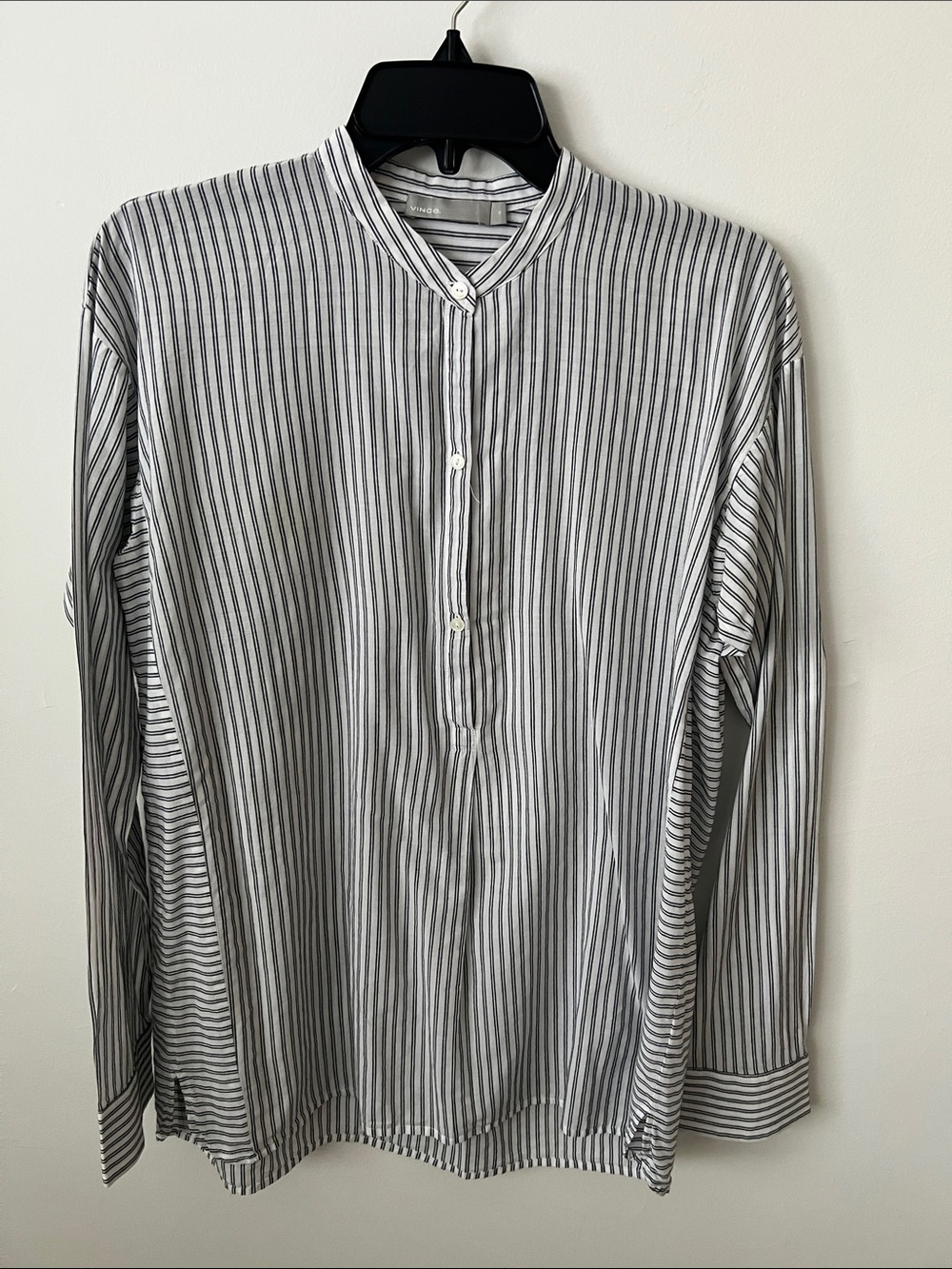 Vince White and Gray Vertical-Stripe Band Collar Shirt